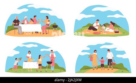 Piatto famiglia barbecue composizioni da picnic insieme con personaggi felici cucina mangiare camminare all'aperto isolato vettore illustrazione Illustrazione Vettoriale