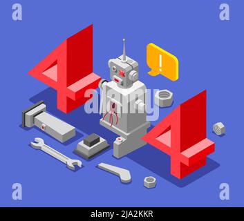 Errore sfondo colorato isometrico con un robot rotto e strumenti di riparazione accanto all'illustrazione del vettore del robot Illustrazione Vettoriale