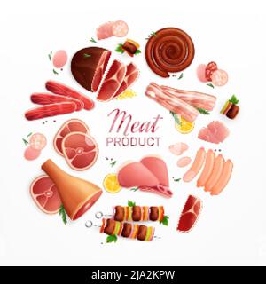 Prodotti a base di carne pubblicità promozione piatto circolare composizione con prosciutto bistecca salsicce pancetta polpa manzo gambo illustrazione vettoriale Illustrazione Vettoriale