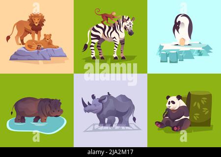 Zoo animali selvatici concetto con pinguino leone zebra rinoceros panda ippopotamo scimmia colorato sfondo set illustrazione vettoriale Illustrazione Vettoriale