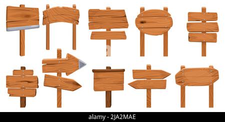 Set di cartelli isolati in legno con piastre in legno poste su montanti con indicazioni e illustrazioni vettoriali con testo da incisione Illustrazione Vettoriale