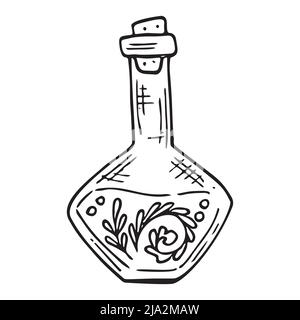 Bottiglia di barbolo vettoriale di pozione magica. Bottiglia di vetro per stregoneria. Elisir di alchimia in fiasca di vetro. Illustrazione disegnata a mano del veleno della strega. Illustrazione Vettoriale