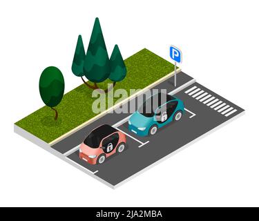 Composizione del parcheggio di colore isometrico con due auto parcheggiate correttamente in piedi sul lato della strada in un'illustrazione vettoriale del parcheggio Illustrazione Vettoriale