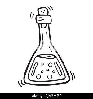 Bottiglia di barbolo vettoriale di pozione magica. Bottiglia di vetro per stregoneria. Elisir di alchimia in fiasca di vetro. Illustrazione disegnata a mano del veleno della strega. Illustrazione Vettoriale