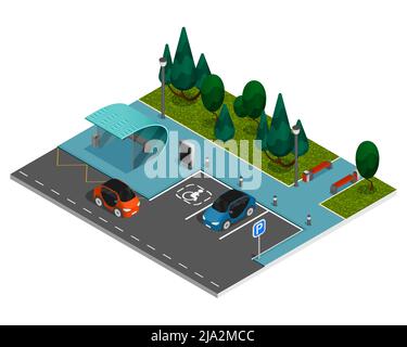 Elementi costruttivi della città concetto isometrico strada della città con un parco con parcheggio per auto e un'area per ricreazione illustrazione vettoriale Illustrazione Vettoriale