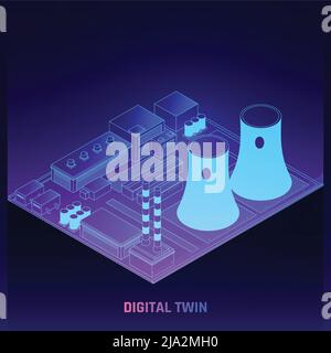 Tecnologia di simulazione del processo di produzione dei gemelli digitali presso l'impianto di generazione di energia isometrica sfondo scuro brillante poster illustrazione vettoriale Illustrazione Vettoriale