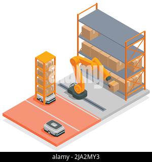 Moderno magazzino concetto isometrico braccio robotizzato smista e dispone le scatole dal nastro di produzione all'illustrazione vettoriale scaffale Illustrazione Vettoriale