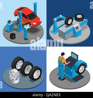 Servizio di produzione di quattro pneumatici Isometric Icon Set installazione di pneumatici nella produzione di officina di riparazione in fabbrica, diversi tipi di pneumatici regolazione attrezzatura Illustrazione Vettoriale