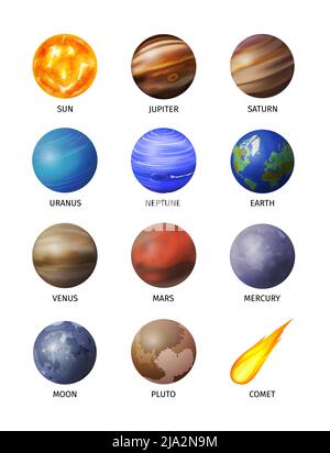 Icona isolata del pianeta spaziale realistico impostata con i dodici pianeti del nostro sistema solare illustrazione vettoriale Illustrazione Vettoriale