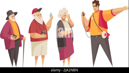Guida composizione escursione con gruppo di anziani turisti con carattere maschile di giovane guida illustrazione vettoriale Illustrazione Vettoriale
