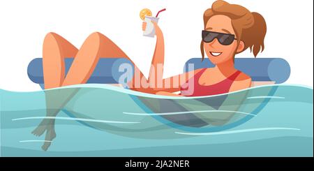 Summer Water sport cartoon composizione con carattere di donna bere cocktail in gonfiabile lounge illustrazione vettoriale Illustrazione Vettoriale