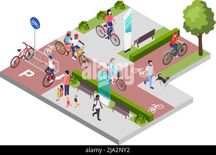 Composizione isometrica con parcheggio per biciclette persone che camminano e pedalano lungo piste ciclabili 3D illustrazione vettoriale Illustrazione Vettoriale