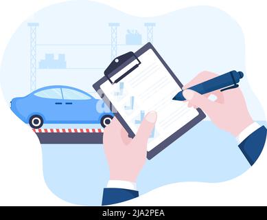 Car Inspection of the Station rileva i guasti, redige un elenco di controllo di tutti i guasti, riparazione e analisi trasporto in Flat Cartoon Illustrazione Illustrazione Vettoriale