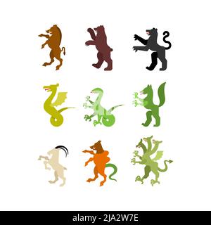 Set di animali araldici. Cinghiale e orso. Panther, Amphiptere e salamandro. Capra, Hydra ed Enfield. Fantastica bestia. Mostro per stemma. Araldico d Illustrazione Vettoriale