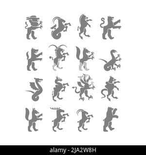 Silhouette araldica con set di animali. Panther, cammello. Capra, Hydra ed Enfield. Volpe, lupo e alphyn. Cervi, cammelli e Yale. Salamndra, capra e Amphiptere. F Illustrazione Vettoriale