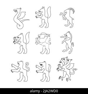 Animale araldico impostare stile lineare. Panther, cammello. Capra, Hydra ed Enfield. Volpe, lupo e alphyn. Cervi, cammelli e Yale. Salamndra, capra e Amphiptere. Illustrazione Vettoriale