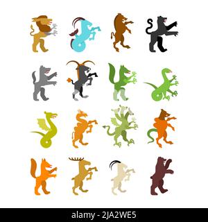 Set di animali araldici. Cinghiale e orso. Panther, cammello. Capra, Hydra ed Enfield. Volpe, lupo e alphyn. Cervi, cammelli e Yale. Salamndra, capra e Amphipter Illustrazione Vettoriale