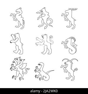 Animale araldico impostare stile lineare. Panther, cammello. Capra, Hydra ed Enfield. Volpe, lupo e alphyn. Cervi, cammelli e Yale. Salamndra, capra e Amphiptere. Illustrazione Vettoriale