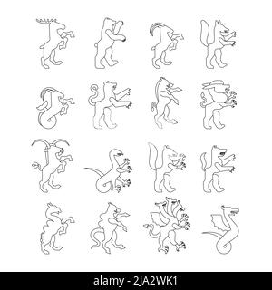 Animale araldico impostare stile lineare. Panther, cammello. Capra, Hydra ed Enfield. Volpe, lupo e alphyn. Cervi, cammelli e Yale. Salamndra, capra e Amphiptere. Illustrazione Vettoriale
