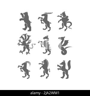 Silhouette araldica con set di animali. Panther, cammello. Capra, Hydra ed Enfield. Volpe, lupo e alphyn. Cervi, cammelli e Yale. Salamndra, capra e Amphiptere. F Illustrazione Vettoriale