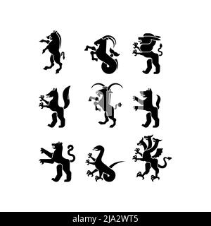 Silhouette araldica con set di animali. Panther, cammello. Capra, Hydra ed Enfield. Volpe, lupo e alphyn. Cervi, cammelli e Yale. Salamndra, capra e Amphiptere. F Illustrazione Vettoriale