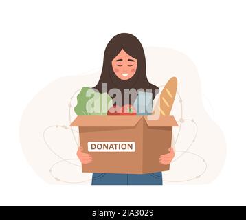 Donazione di cibo. Donna islamica in hijab tenuta in mani scatola di cartone piena di prodotti diversi. Concetto di volontariato e assistenza sociale. Supporto per Illustrazione Vettoriale