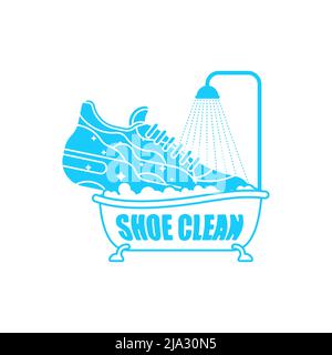 Logo Shoe Clean. Cartello per servizio di lavaggio scarpe. Scarpa in bagno Illustrazione Vettoriale