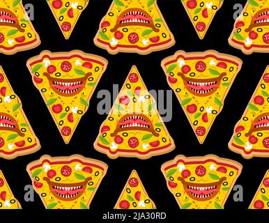 Pizza monster pattern senza cuciture. Cibo veloce di sottofondo terribile. Consistenza del cibo arrabbiata. Ornamento vettoriale Illustrazione Vettoriale