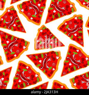 Pizza monster pattern senza cuciture. Cibo veloce di sottofondo terribile. Consistenza del cibo arrabbiata. Ornamento vettoriale Illustrazione Vettoriale