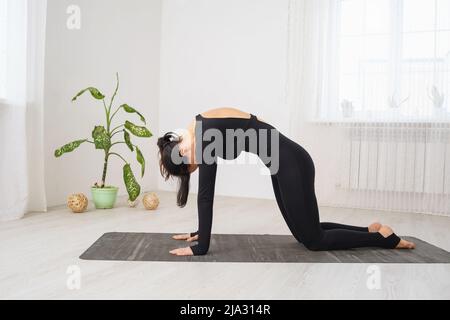 Donna in abbigliamento sportivo nero che pratica yoga facendo una variante di esercizio Marjariasana, gatto posa con arco posteriore, esercitarsi nella stanza su un tappeto Foto Stock