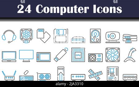 Insieme di icone del computer. Contorno grassetto modificabile con disegno riempimento colore. Illustrazione vettoriale. Illustrazione Vettoriale
