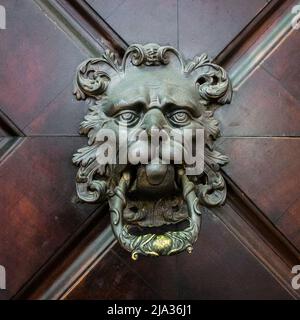 Porta in ghisa con testa di leone. Foto Stock