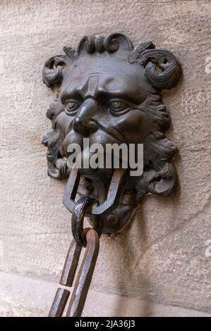 Porta in ghisa con testa di leone. Foto Stock