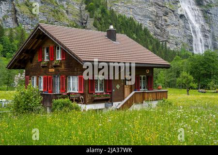 Tipica casa di montagna svizzera con cascata alle spalle, Lauterbrunnen, Cantone di Berna, Svizzera Foto Stock