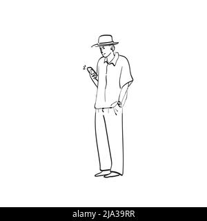line art uomo a tutta lunghezza con cappello utilizzando il vettore illustrazione smartphone disegnato a mano isolato su sfondo bianco Illustrazione Vettoriale