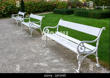 Panchine bianche nel parco Foto Stock