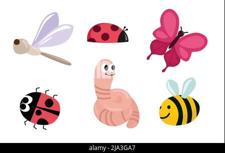 Set di insetti carini per i bambini illustrazioni, icone piatte, Illustrazione Vettoriale