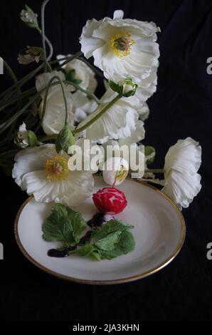 Radi rosse su un piatto come decorazione. Apetizzatore. Foto Stock