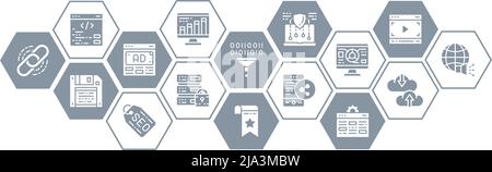 Banner piatto SEO con icone di linea. Bookmark, Hosting, Hyperlink, Advertisement, trasferimento dati icone promozione illustrazione banner per landing page. Illustrazione Vettoriale