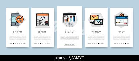 Set di banner verticali SEO. Moderne icone piatte a linea sottile per il menu del sito Web. Schermate Segnalibro, Hosting, collegamento ipertestuale, Pubblicità, trasferimento dati mobile. Illustrazione Vettoriale