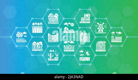 Paesaggio icone moderne linea banner. Ponte, Foresta, Giardino, Vulcano, Windmill concetto di illustrazione per il web design. Illustrazione Vettoriale