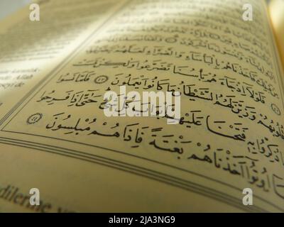 Foto ravvicinata di una delle pagine del Corano. Il Corano è il libro sacro dei musulmani, una guida alla vita, Corano, verbi Foto Stock