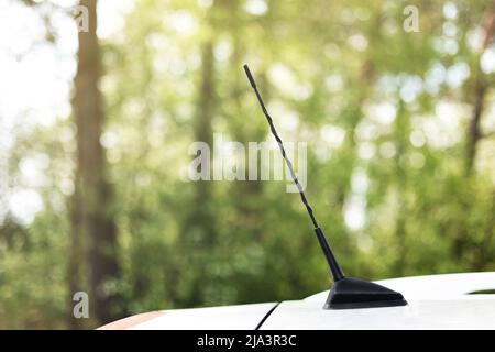 Verde foresta dietro antenna dell'automobile.antenna dell'automobile per ricevere le onde della radio sull'automobile del tetto. Messa a fuoco selettiva e primo piano. Foto Stock