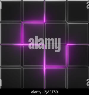 3d rendering, sfondo nero astratto sfaccettato, luce neon rosa brillante, piastrelle quadrate, texture geometrica moderna, concetto di rete cibernetica, griglia Foto Stock