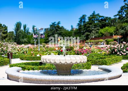 Fontana. Fontana di pietra piena di acqua con un'esplosione di primavera con fiori colorati in tutto il parco di Madrid in una giornata limpida Foto Stock