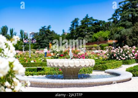 Fontana. Fontana di pietra piena di acqua con un'esplosione di primavera con fiori colorati in tutto il parco di Madrid in una giornata limpida Foto Stock