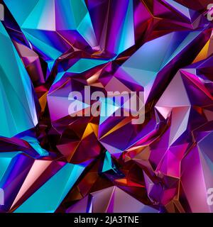 3d rendering, sfondo astratto rosa blu poligonale sfaccettato, struttura cristallina, struttura a lamina metallica olografica sgretolata, Foto Stock