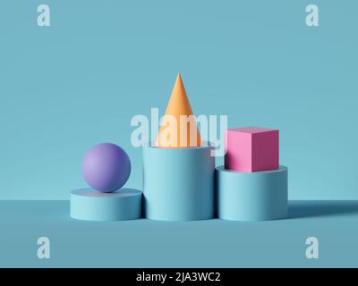 3d rendering, sfondo geometrico astratto. Sfera viola, cono giallo, cubo rosa posto su gradini del piedistallo del cilindro blu. Oggetti isolati, giocattoli, Foto Stock