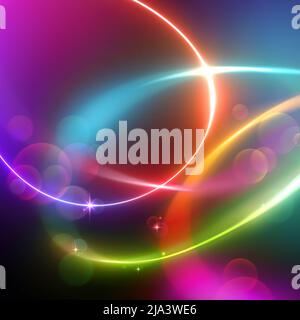 sfondo festivo astratto con luci al neon bokeh, linee brillanti, carta da parati multicolore vibrante, Foto Stock