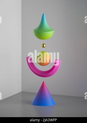 3d rendering, forme geometriche astratte colorate isolate su sfondo bianco. Divertente gioco di puzzle futuristico. Gradiente al neon vivace. Elementi di livellamento, Foto Stock